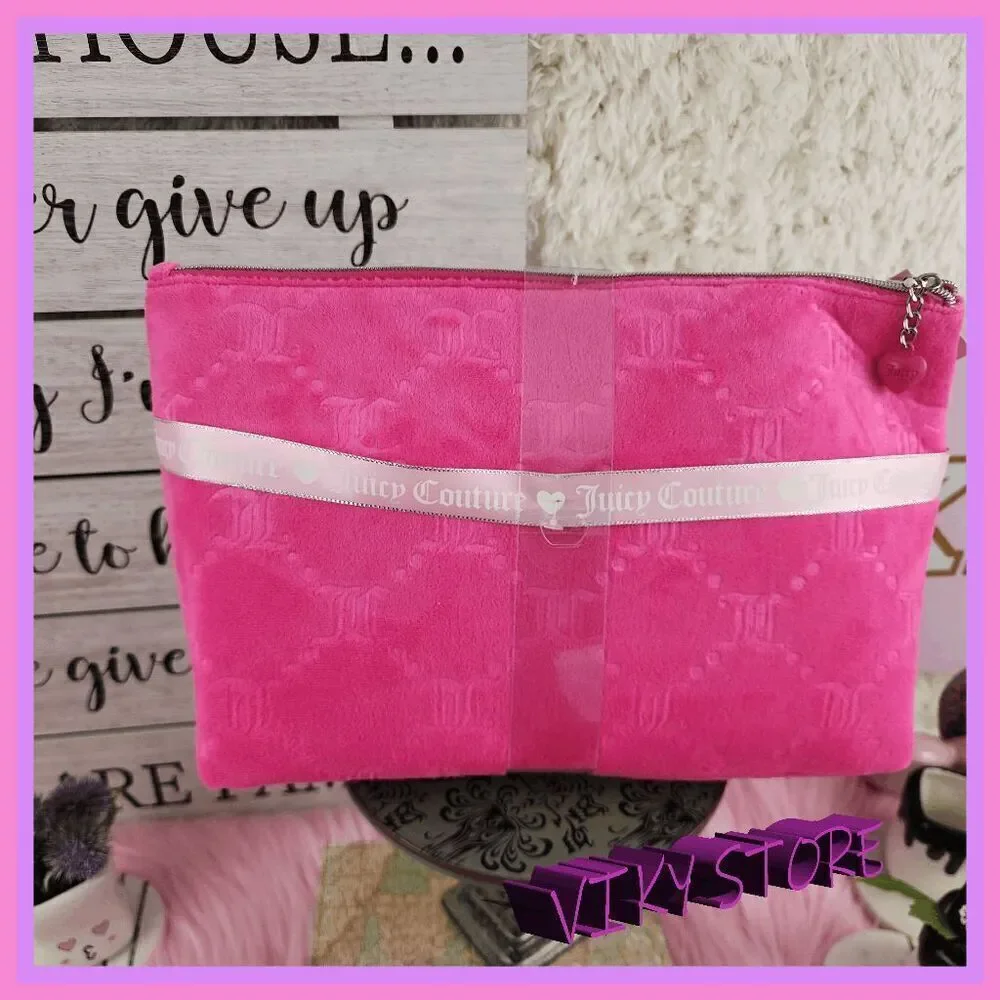 💕 NWT Juicy Couture Pink Velvet Cosmetic Bag Set w/ Brush Holder #7195 💕